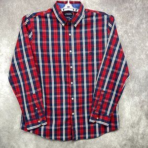 Chaps Ralph Lauren Button Shirt Mens Large Red/White/Blue Plaid Stretch EZ Care